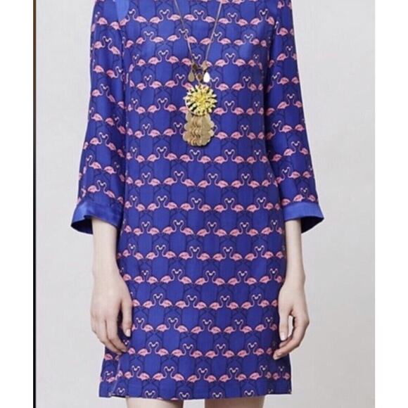 Anthropologie Harlyn 100% Silk Flamingo Repeat Shift Tunic Dress Blue XS - Picture 1 of 11